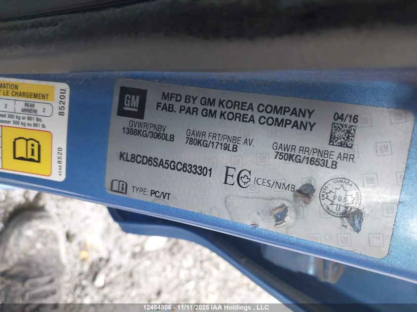 2016 Chevrolet Spark 1Lt VIN: KL8CD6SA5GC633301 Lot: 12454806