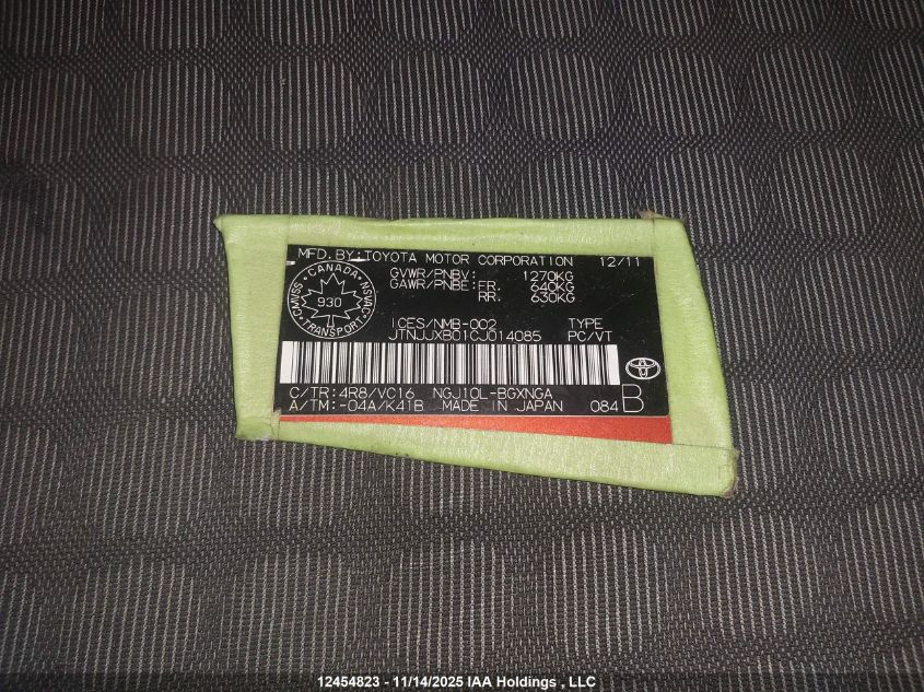 2012 Toyota Scion Iq VIN: JTNJJXB01CJ014085 Lot: 12454823