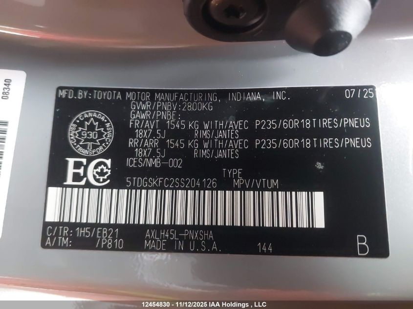 2025 Toyota Sienna Xse 7-Passenger VIN: 5TDGSKFC2SS204126 Lot: 12454830