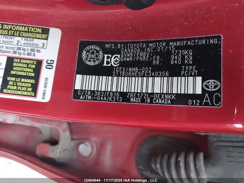 2015 Toyota Corolla Le VIN: 2T1BURHE5FC340356 Lot: 12454844