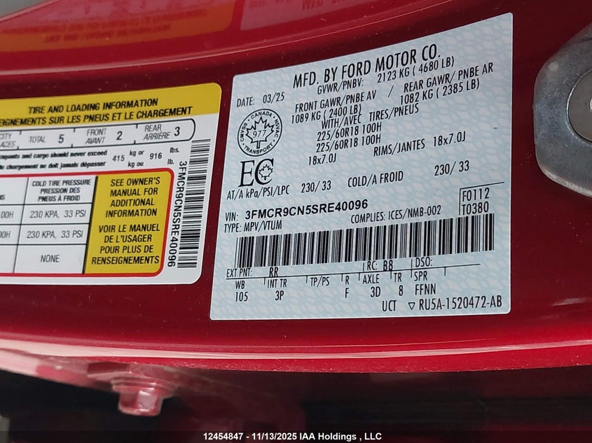 3FMCR9CN5SRE40096 2025 FORD BRONCO SPORT photo no. 9