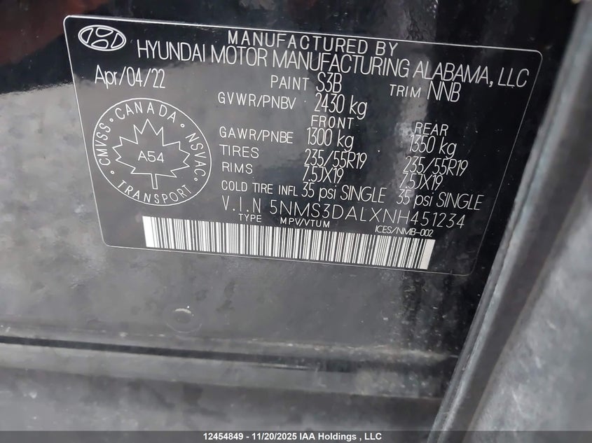 2022 Hyundai Santa Fe Urban Awd VIN: 5NMS3DALXNH451234 Lot: 12454849