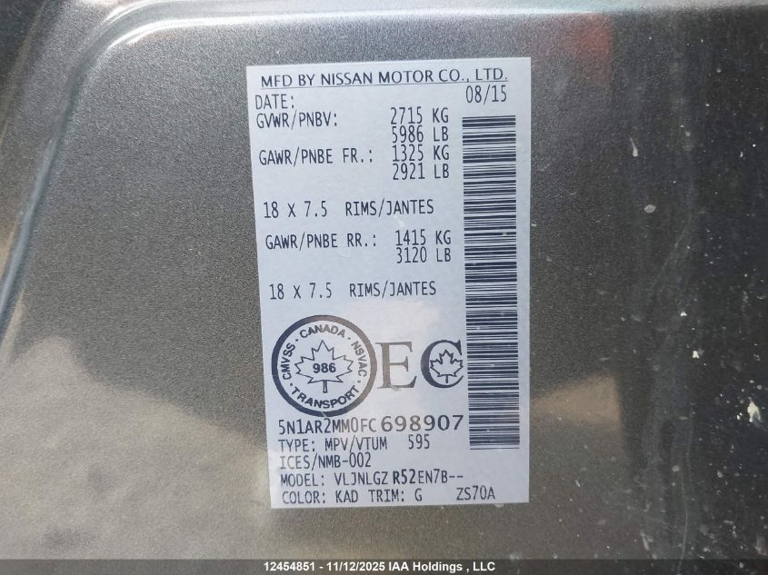 2015 Nissan Pathfinder Platinum/S/Sl/Sv VIN: 5N1AR2MM0FC698907 Lot: 12454851