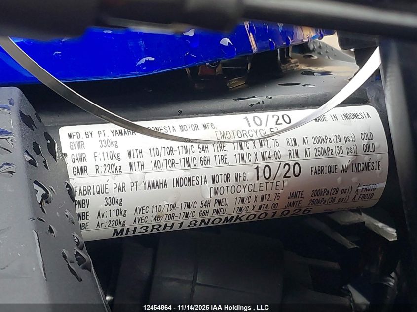 2021 Yamaha Yzfr3 A VIN: MH3RH18N0MK001926 Lot: 12454864