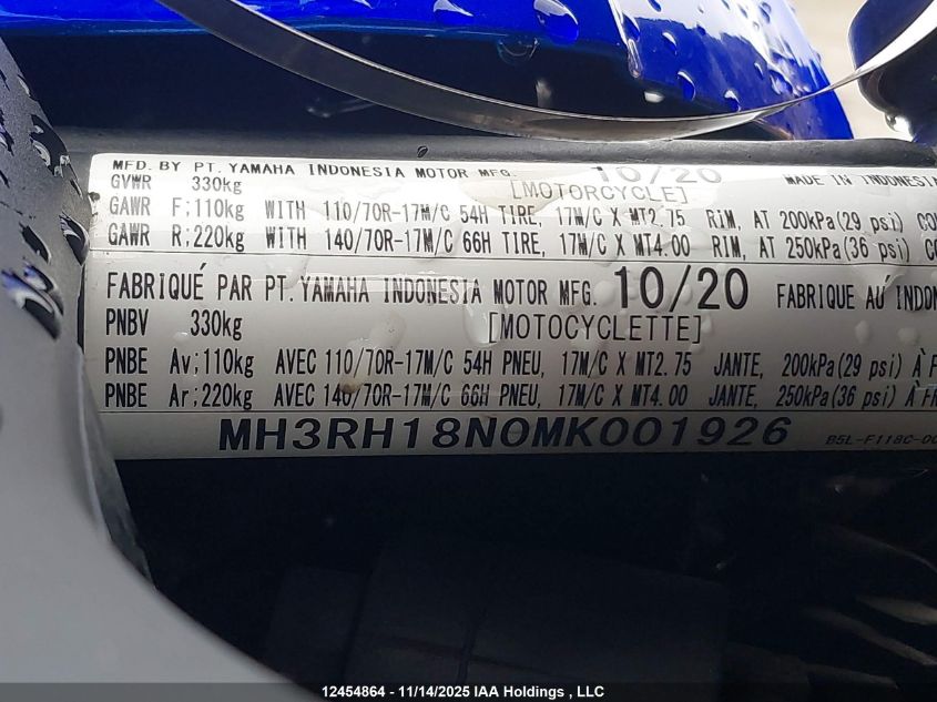 2021 Yamaha Yzfr3 A VIN: MH3RH18N0MK001926 Lot: 12454864