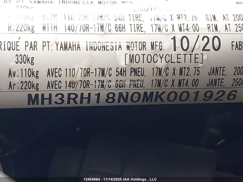 2021 Yamaha Yzfr3 A VIN: MH3RH18N0MK001926 Lot: 12454864