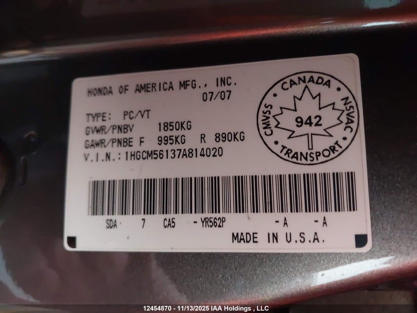 2007 Honda Accord Value VIN: 1HGCM56137A814020 Lot: 12454870