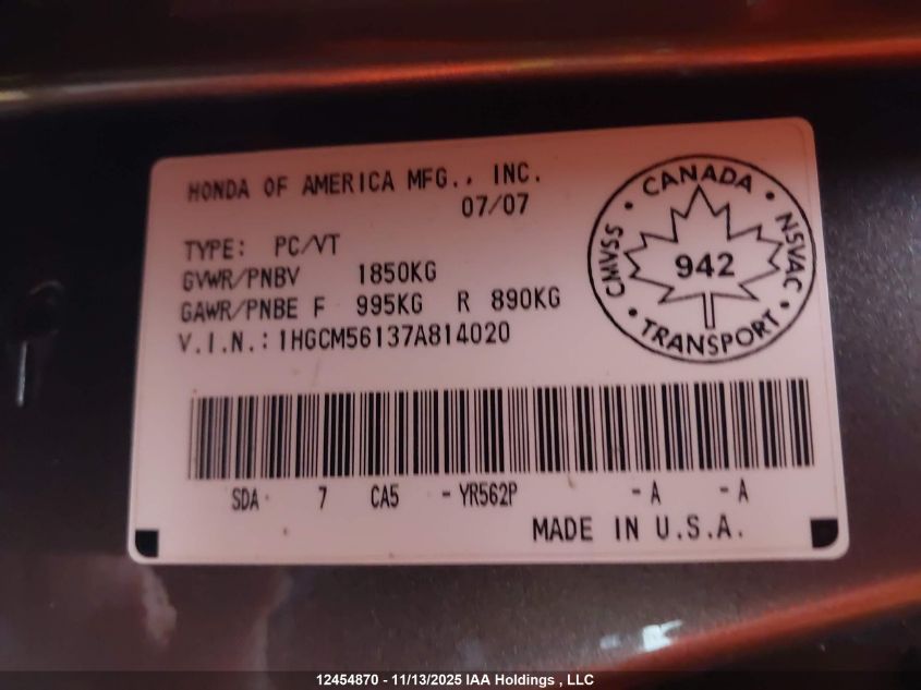 2007 Honda Accord Value VIN: 1HGCM56137A814020 Lot: 12454870