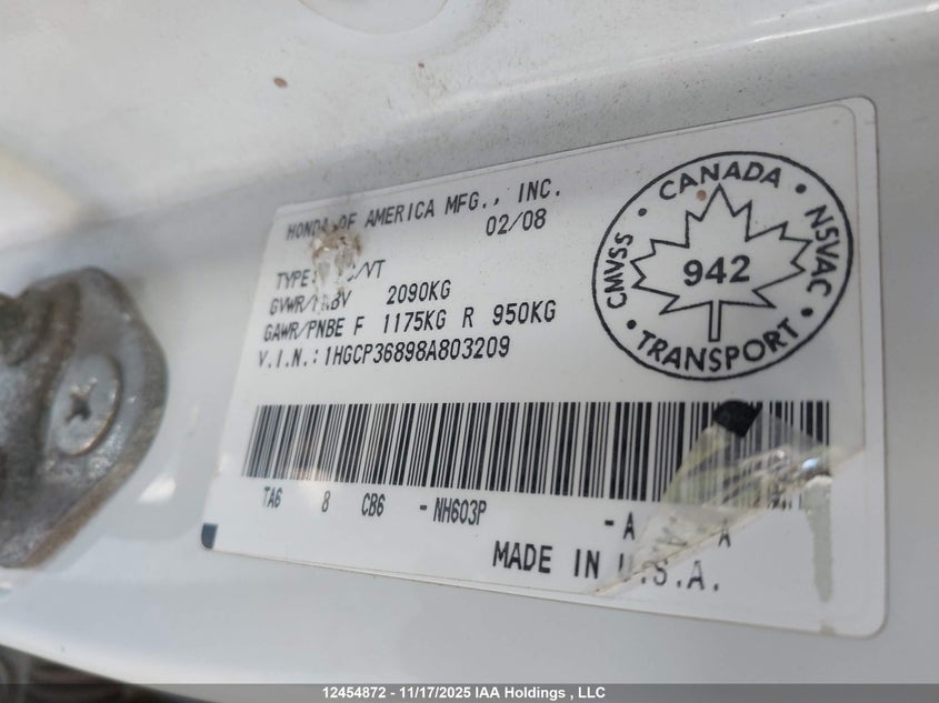 1HGCP36898A803209 2008 HONDA ACCORD photo no. 9