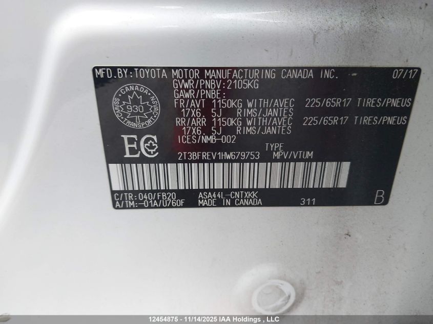 2017 Toyota Rav4 Le VIN: 2T3BFREV1HW679753 Lot: 12454875