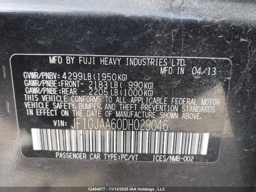 2013 Subaru Impreza 2.0I VIN: JF1GJAA60DH029046 Lot: 12454877