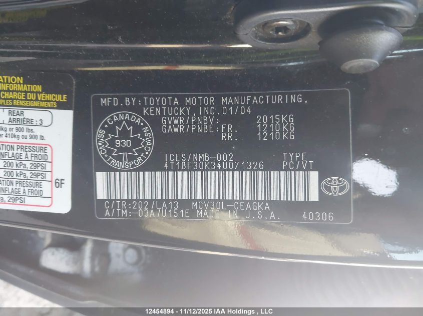 2004 Toyota Camry Le V6/Xle V6 VIN: 4T1BF30K34U071326 Lot: 12454894