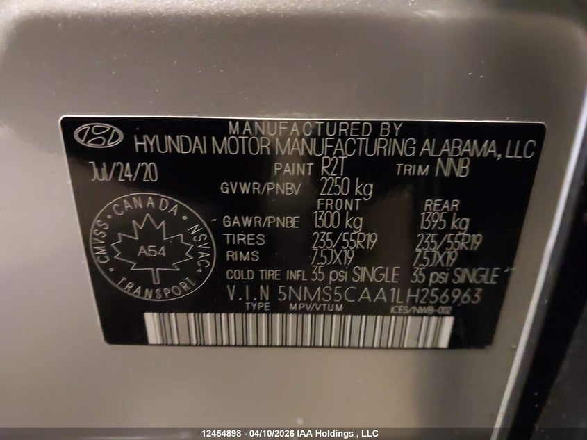 2020 Hyundai Santa Fe Ultimate Turbo Awd VIN: 5NMS5CAA1LH256963 Lot: 12454898