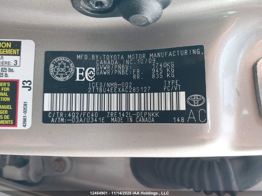 2010 Toyota Corolla VIN: 2T1BU4EEXAC285127 Lot: 12454901