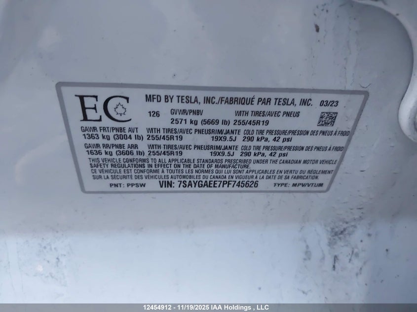 7SAYGAEE7PF745626 2023 TESLA MODEL Y photo no. 9