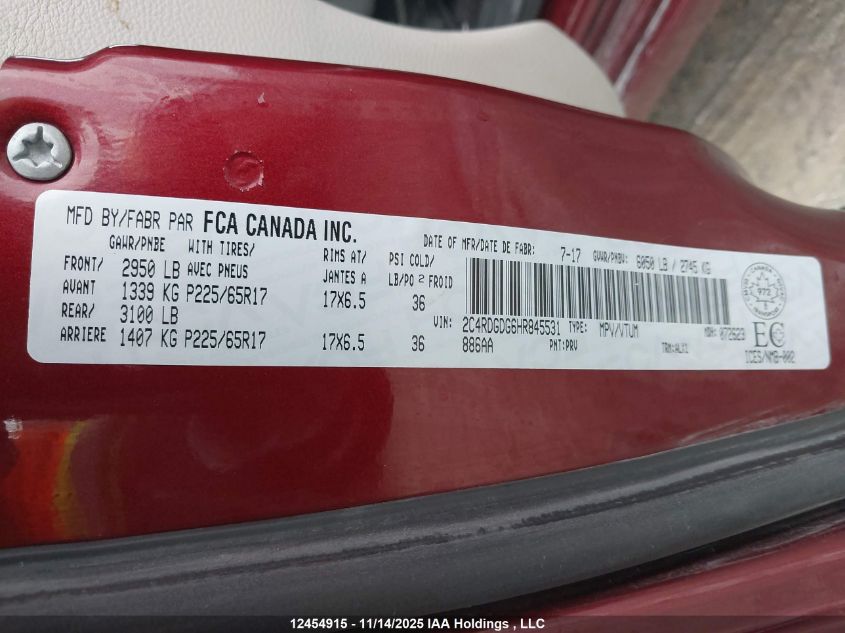 2017 Dodge Grand Caravan Crew VIN: 2C4RDGDG6HR845531 Lot: 12454915