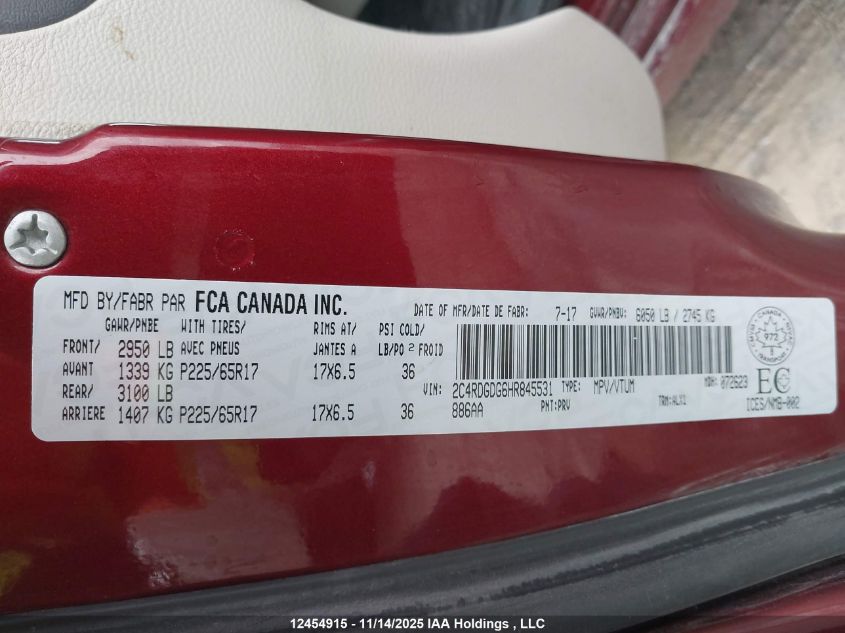 2017 Dodge Grand Caravan Crew VIN: 2C4RDGDG6HR845531 Lot: 12454915