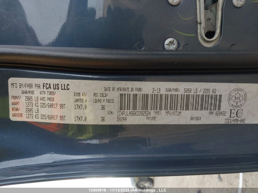 2019 Jeep Cherokee Sport VIN: 1C4PJLAB6KD392524 Lot: 12454916