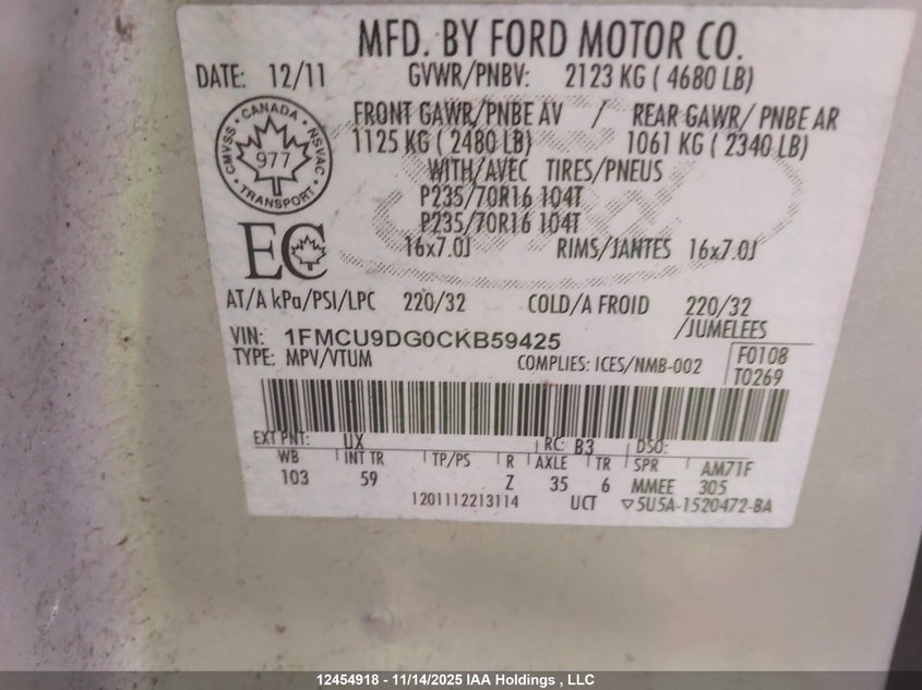 1FMCU9DG0CKB59425 2012 FORD ESCAPE photo no. 9