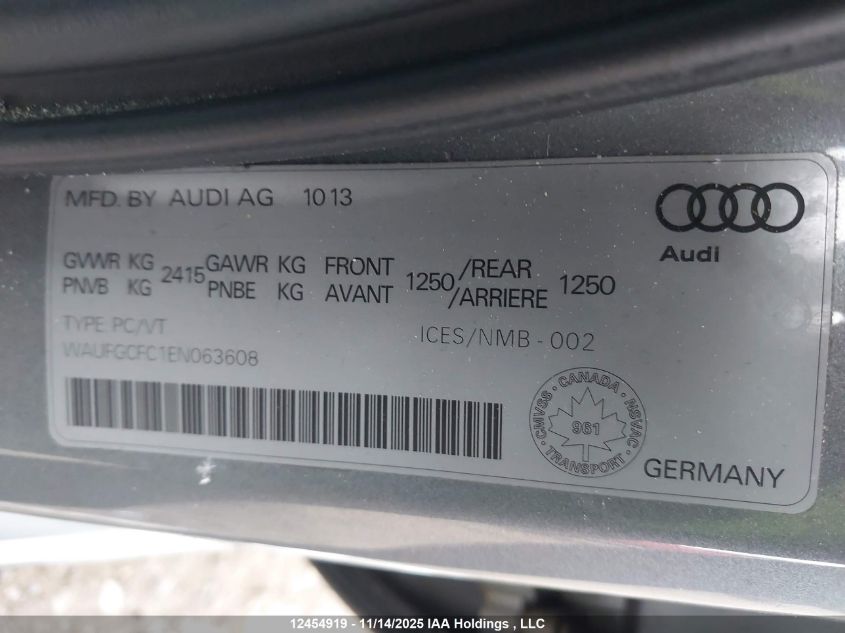 2014 Audi A6 3.0 Progressiv VIN: WAUFGCFC1EN063608 Lot: 12454919