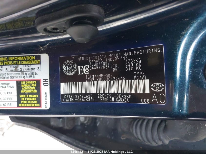 2018 Toyota Corolla Se VIN: 2T1BURHE0JC122415 Lot: 12454921