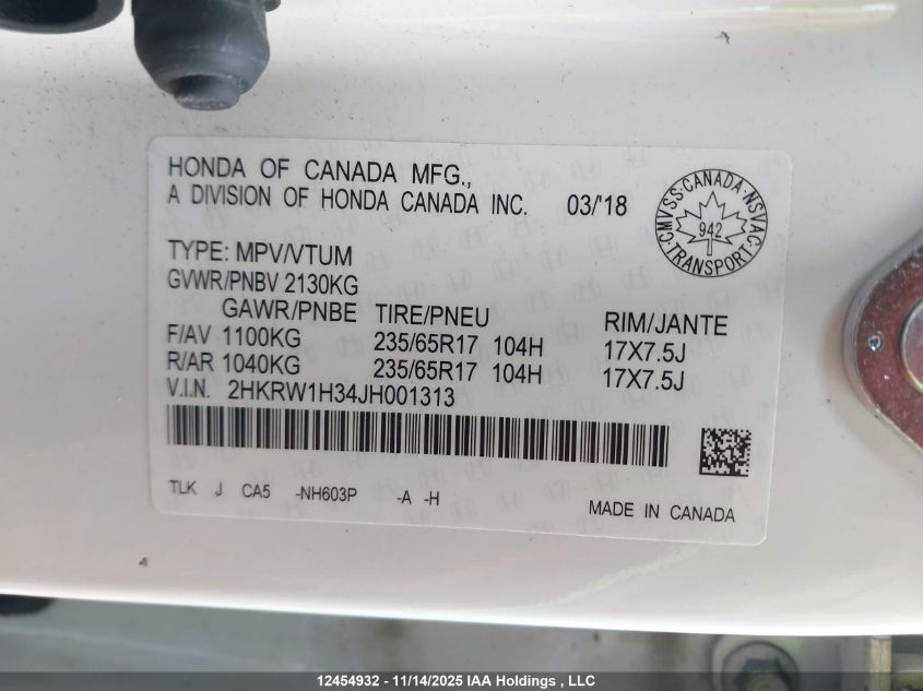 2018 Honda Cr-V Lx VIN: 2HKRW1H34JH001313 Lot: 12454932