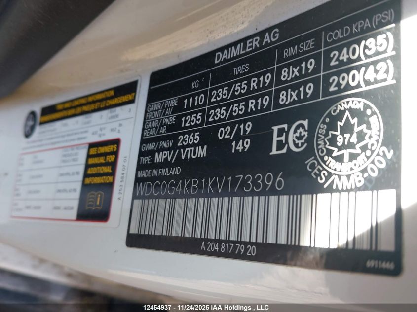 2019 Mercedes-Benz Glc 300 4Matic VIN: WDC0G4KB1KV173396 Lot: 12454937