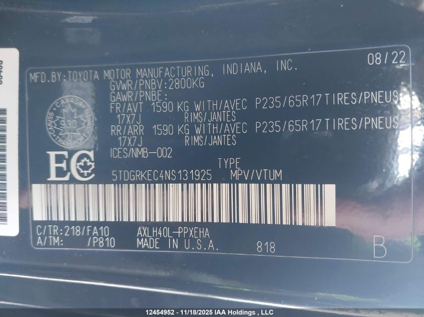 2022 Toyota Sienna Le 8-Passenger VIN: 5TDGRKEC4NS131925 Lot: 12454952