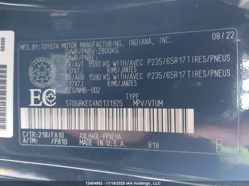 2022 Toyota Sienna Le 8-Passenger VIN: 5TDGRKEC4NS131925 Lot: 12454952