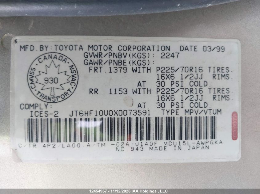 1999 Lexus Rx 300 300 VIN: JT6HF10U0X0073591 Lot: 12454957