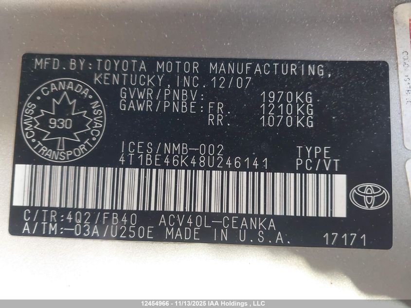 2008 Toyota Camry Le VIN: 4T1BE46K48U246141 Lot: 12454966