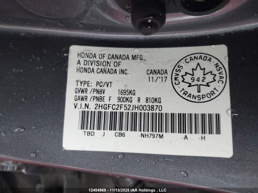 2018 Honda Civic Lx VIN: 2HGFC2F52JH003870 Lot: 12454968