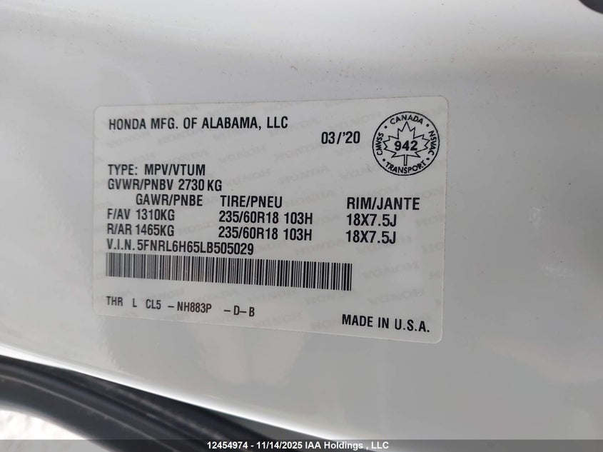 5FNRL6H65LB505029 2020 HONDA ODYSSEY photo no. 9