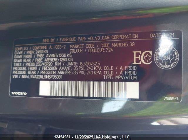 2021 Volvo Xc60 T6 Inscription VIN: LYVA22RL9MB795081 Lot: 12454981