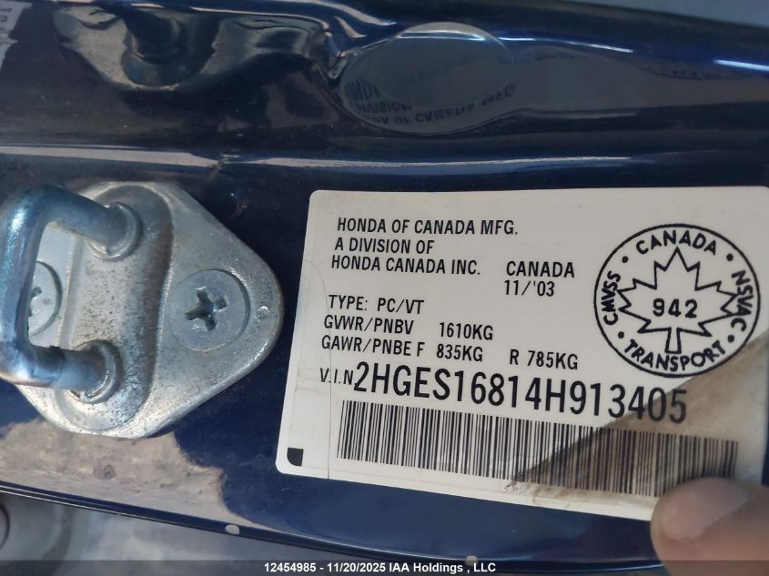 2004 Honda Civic Si Si VIN: 2HGES16814H913405 Lot: 12454985