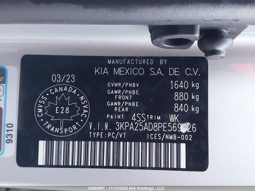 2023 Kia Rio Lx Premium/Lx+ VIN: 3KPA25AD8PE569726 Lot: 12454997