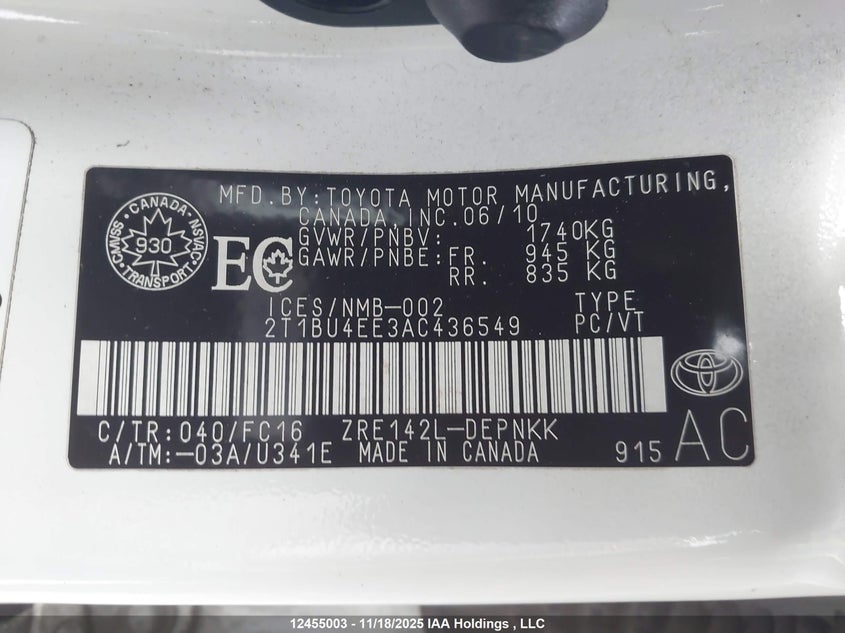 2T1BU4EE3AC436549 2010 TOYOTA COROLLA photo no. 9