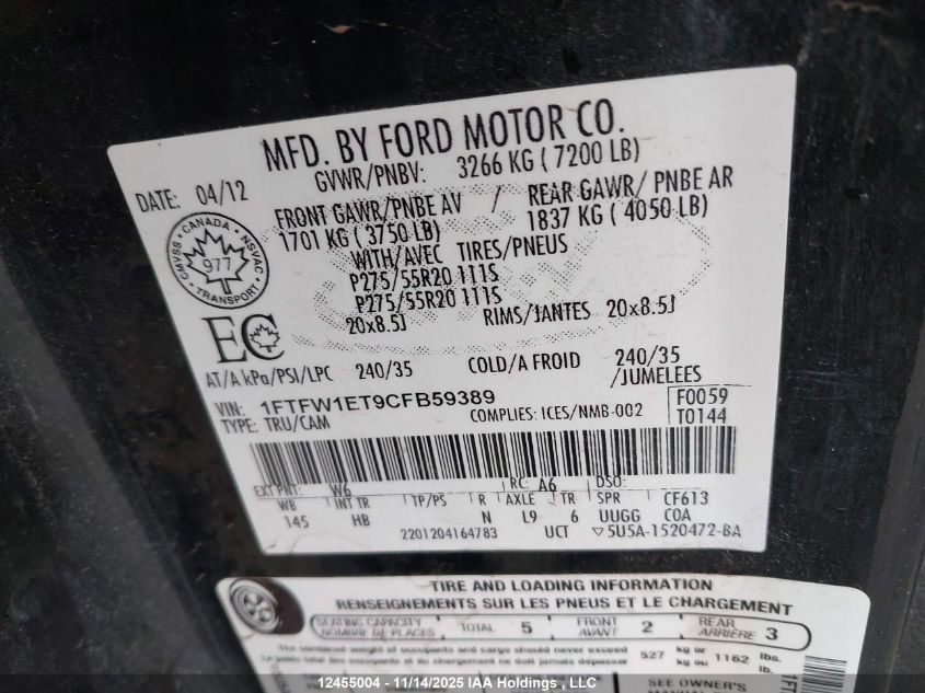 2012 Ford F-150 Lariat VIN: 1FTFW1ET9CFB59389 Lot: 12455004