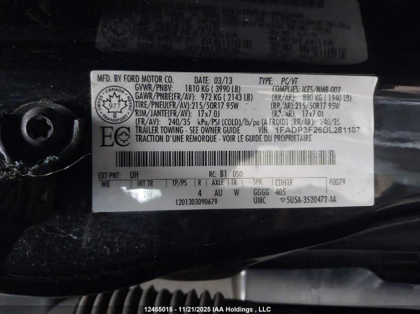 2013 Ford Focus VIN: 1FADP3F26DL281187 Lot: 12455015