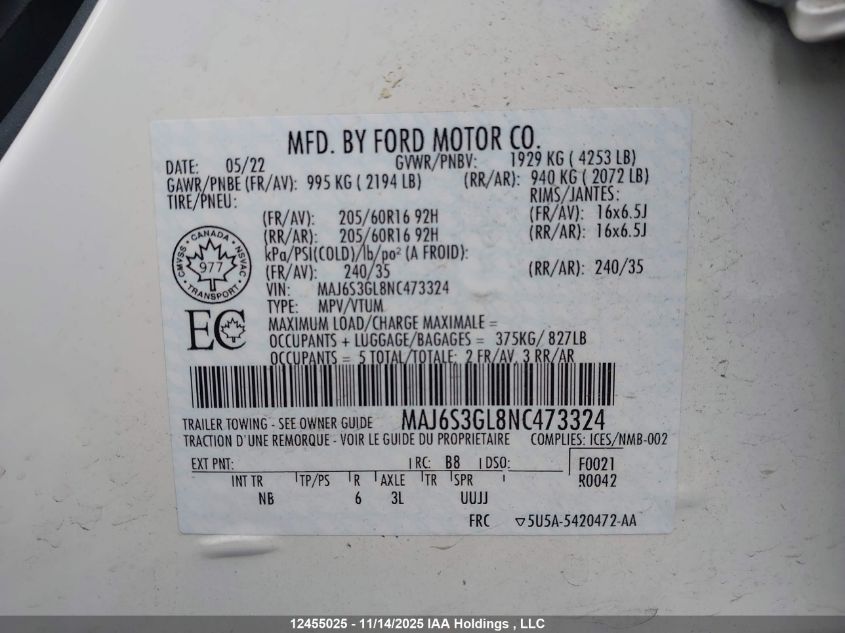 2022 Ford Ecosport VIN: MAJ6S3GL8NC473324 Lot: 12455025