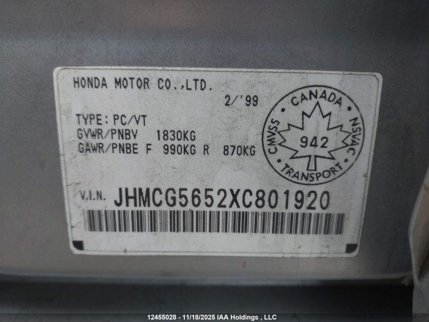 1999 Honda Accord Ex VIN: JHMCG5652XC801920 Lot: 12455028