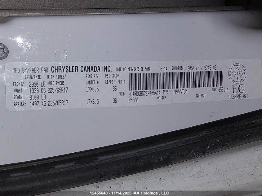 2014 Dodge Grand Caravan Se VIN: 2C4RDGBG7ER405414 Lot: 12455040