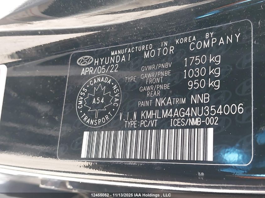 2022 Hyundai Elantra Sel VIN: KMHLM4AG4NU354006 Lot: 12455052