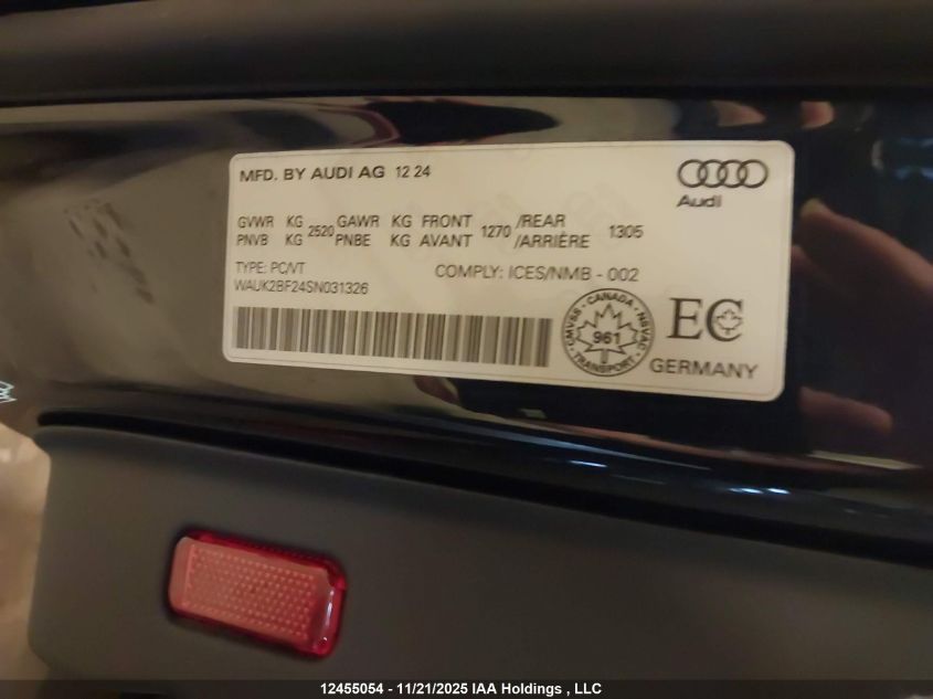 2025 Audi A6 55 Progressiv VIN: WAUK2BF24SN031326 Lot: 12455054