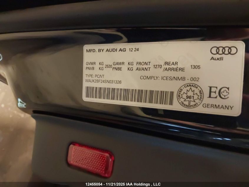 2025 Audi A6 55 Progressiv VIN: WAUK2BF24SN031326 Lot: 12455054