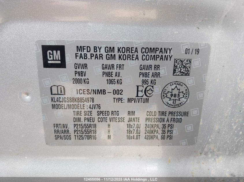 2019 Buick Encore Essence VIN: KL4CJGSB8KB854978 Lot: 12455056