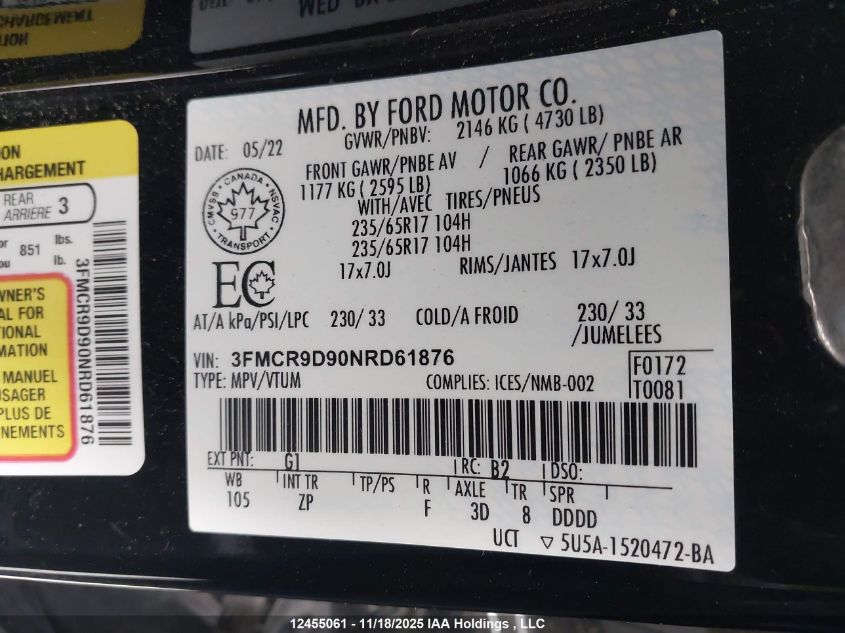 2022 Ford Bronco Sport Badlands VIN: 3FMCR9D90NRD61876 Lot: 12455061