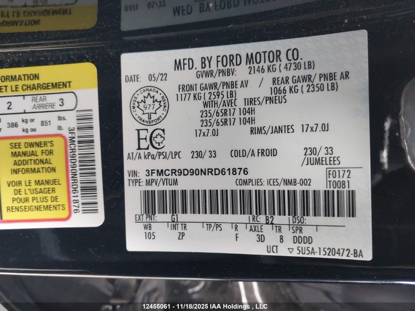 2022 Ford Bronco Sport Badlands VIN: 3FMCR9D90NRD61876 Lot: 12455061