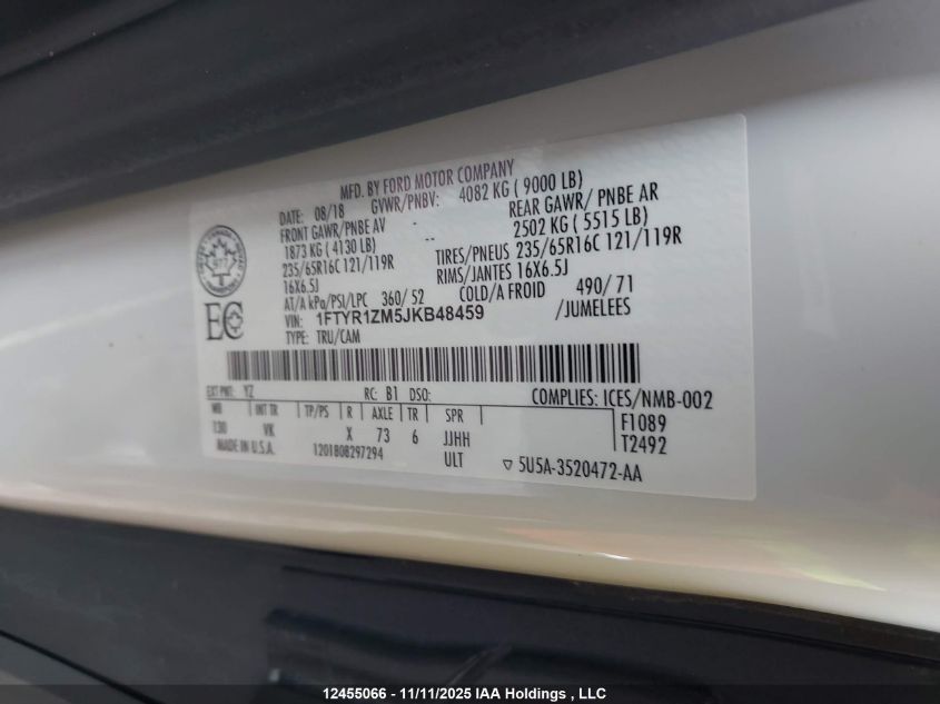 2018 Ford Transit-250 VIN: 1FTYR1ZM5JKB48459 Lot: 12455066