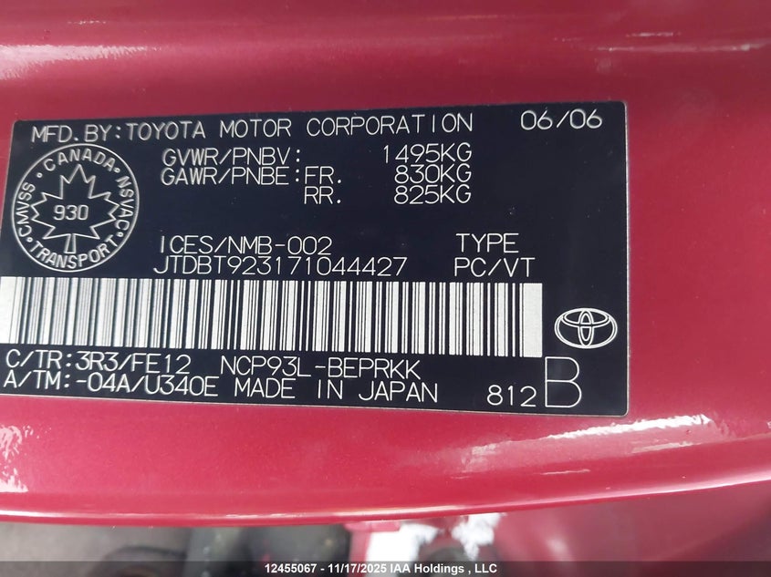 2007 Toyota Yaris VIN: JTDBT923171044427 Lot: 12455067